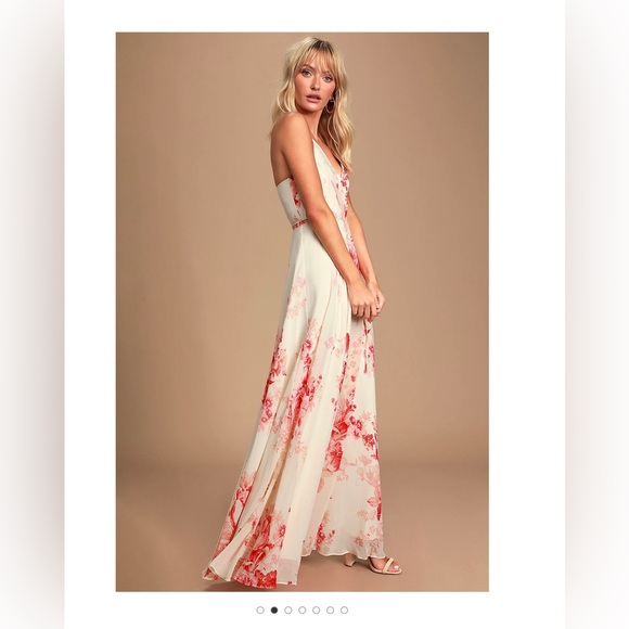 Lulu’s Elegantly Inclined Cream and Coral Floral Print Wrap Maxi Dress NWT - Picture 2 of 8